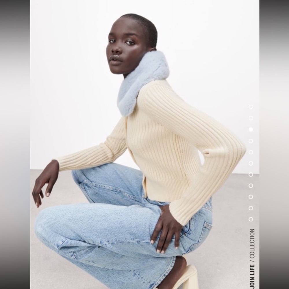 Cream Ribbed Button-Front Sweater with Light Blue Faux Fur Collar - Picture 7 of 12